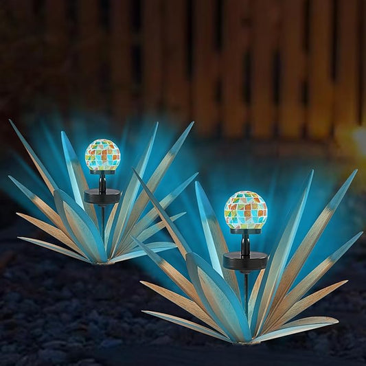 Enlarge Metal Plants Tequila Rustic Sculpture, Outdoor Patio Yard, Home Decor Hand Painted Agave Garden Statue, Outdoor Lawn Ornaments Yard Stakes for Mom Gift (2 Solar Blue)