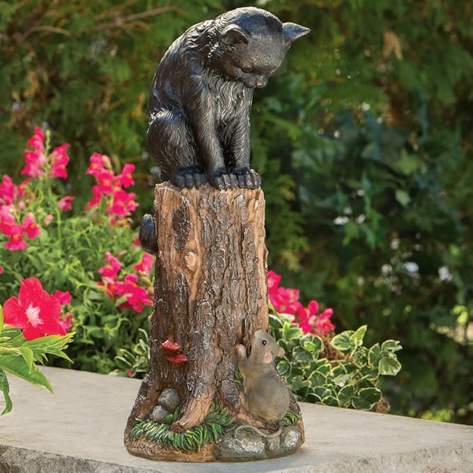 Bits and Pieces - Cat & Mouse Garden Statue- Outdoor Kitten on a Stump Sculpture - 17" Polyresin Home Décor Weather Resistant Lawn Ornament