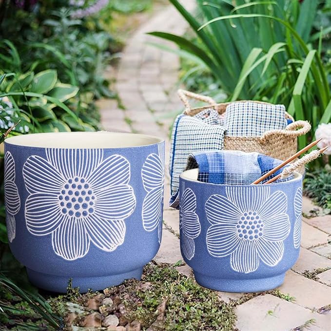 YBX 8 Inch + 6 Inch White Flower Pattern Plant Pots, Sand Glazed Ceramic Planter with Drainage Hole, Flower Pots for Indoor Plants, Blue