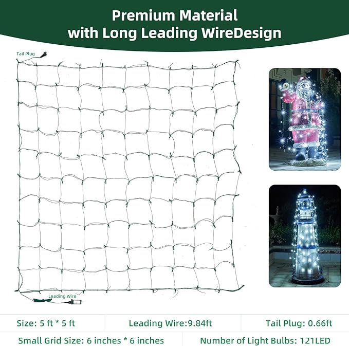Led Net Lights Christmas Lights Outdoor White Christmas Net Lighting with 121Led Mini Globe Lights 5ftx5ft, Outdoor Indoor Fairy Mesh Net Lights for Christmas Trees, Bushes, Shrubs Decorations