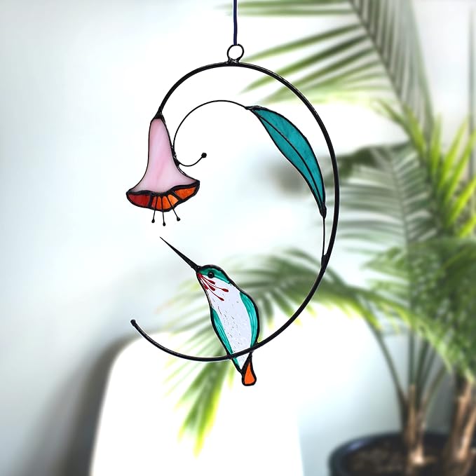 Lolitarcrafts Hummingbird with Flower Stained Glass Suncatcher Bird Stained Glass Window Hangings Hummingbird Gift for Home Decor (Green)
