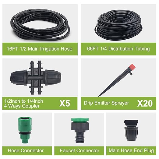 82FT Drip Irrigation System Automatic Micro Drip Kit with 1/2 and 1/4 inch Irrigation Tubing Hose Adjustable Nozzle Sparkle Garden Watering System for Flower, Potted Plants, Vegetable, Greenhouse