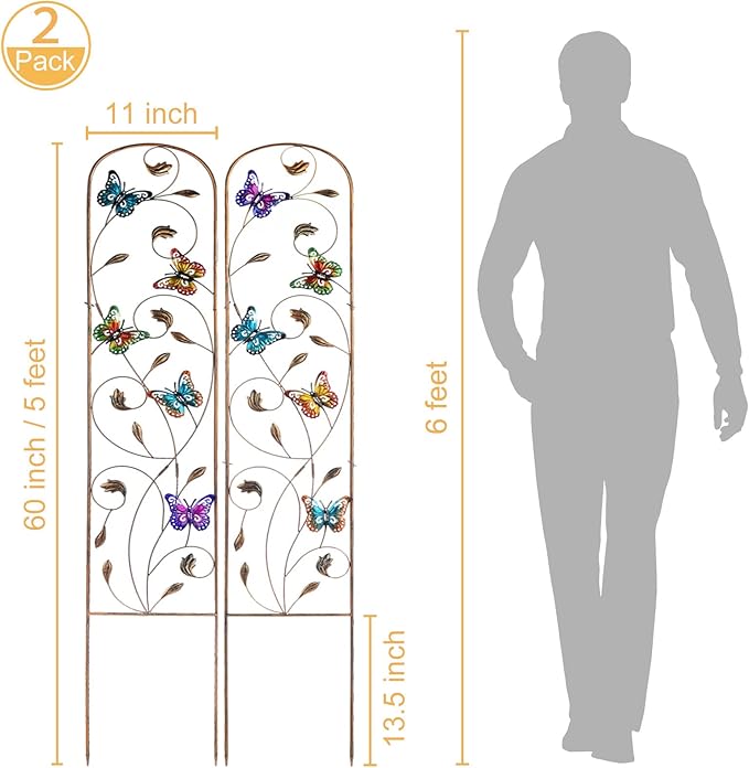 LEWIS&WAYNE 2 Pack Metal Garden Trellis with Colorful Butterfly 60 Inch High Outdoor Decoration Arched Fence Trellis for Climbing Plants for Patio, Lawn, Yard, Backyard, Wall Brackets