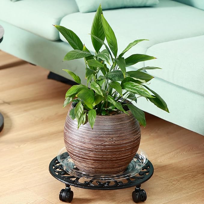 14 Inch Rolling Plant Stand with Wheels Metal Plant Caddy with Wheels Heavy Duty Round Plant Stand Indoor Iron Plants Rollers for Plants, Plant Dolly with Plant Saucers 1 Pack