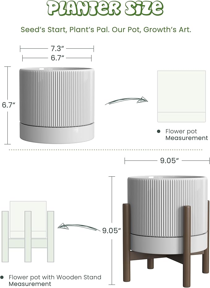 Ceramic Planter Pots Indoor with Drainage Hole & Saucer,Including Stand,7.3 Inch Mid-Century Modern Cylinder Plant Pot for Snake Flower Leaf