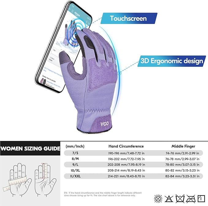 Vgo... Winter Gardening Gloves Women,Safety Work Gloves, Puncture-proof,Thornproof,Touchscreen(1 Pair,L,Purple,SL7471FLWP)