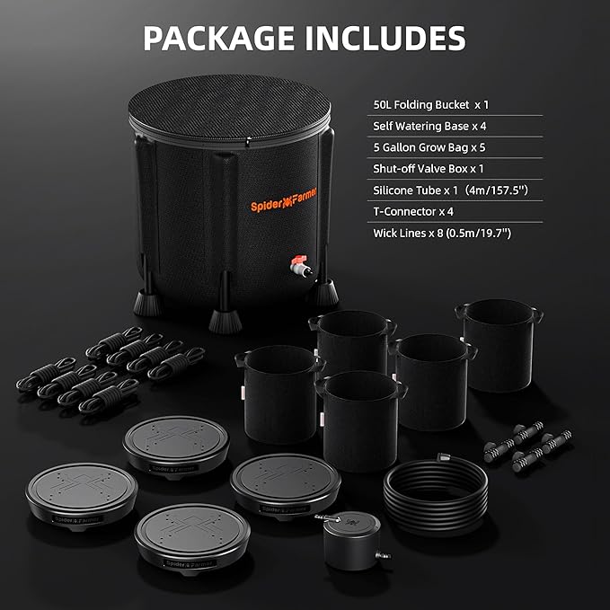 Spider Farmer 2025 Newest Gravity-Fed Self-Watering System No Power Needed, 4-Pack Auto Watering System with 13 Gallon Reservoir, 4Pcs Water Delivery Fabric Pot Base for Indoor Plants, Grow Tents