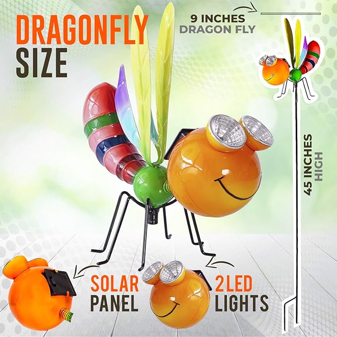 Shefio Dragonfly Solar Light - Metal Yard Art - Add Whimsy To Your Garden - Solar Yard Decorations - Outdoor Decor