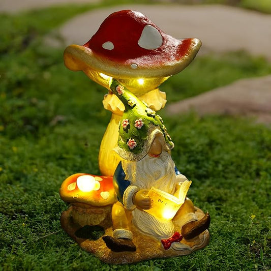 Upgraded Size Solar Garden Outdoor Statues Gnome Reading Under Mushroom with 5 LED Solar Figurine for Lawn,Patio,Balcony,Yard Decor Unique Housewarming Gift for Grandfather, Father,Grandma,Wen