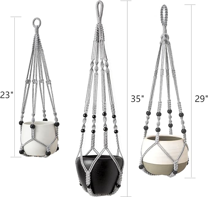 Mkono 3 Pack Macrame Plant Hangers Indoor Different Size Hanging Planter Basket Flower Pot Holder with Beads No Tassels 35"/29"/23", Medium, Grey
