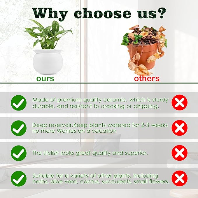 African Violet Pots, 6 Inch Self Watering Pots for Indoor Plants, Self Watering Plant Pot, Easy Plant Self Watering Pot, Ceramic Plant Pot with Absorbent Inner Pot for Flowers-White