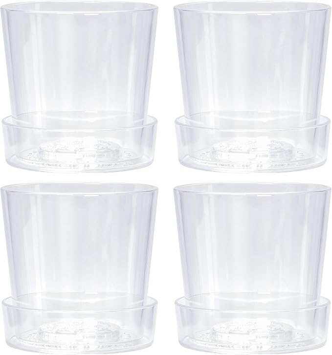 Phoenix Vine 6.5 Inch Clear Acrylic Planter Pot with Tray, Orchid Pot with Drainage Holes, Deep Saucer for Bottom Watering, Transparent Containers for Indoor Plants, Herbs, Set of 4, 91-A-F-4