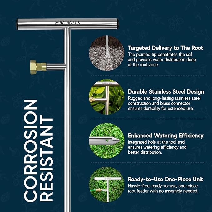 Varomorus Stainless Steel Deep Root Feeder for Tree Watering Spike Tool Irrigation for Outdoor Plants System Wand T-Handle One-Piece