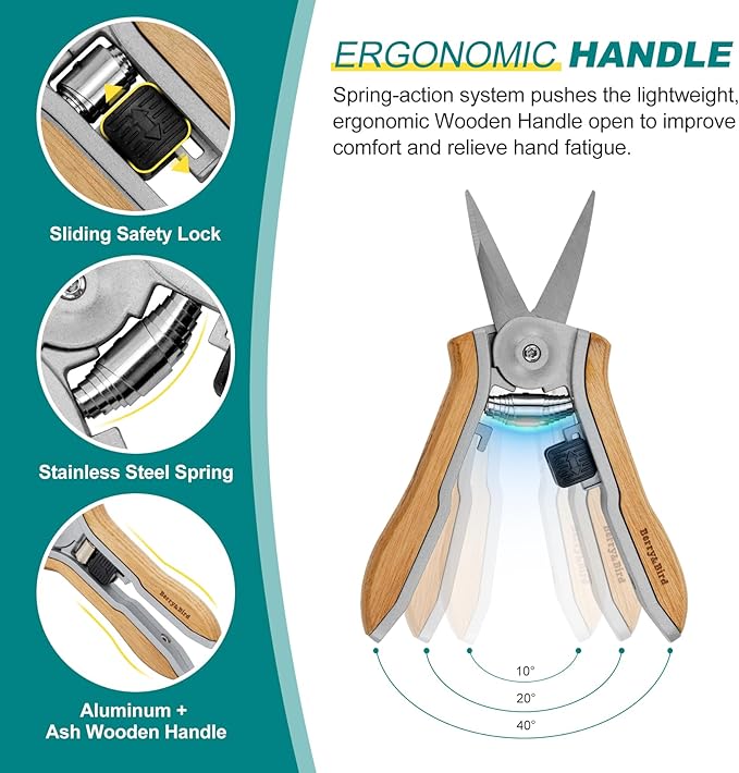 Berry&Bird Mini Pruning Shears for Gardening Straight Blades Hand Pruners with Wooden Handle Garden Scissors Snips Stainless Steel Trimming Small Clippers Bonsai Compact Size Shearing Tool