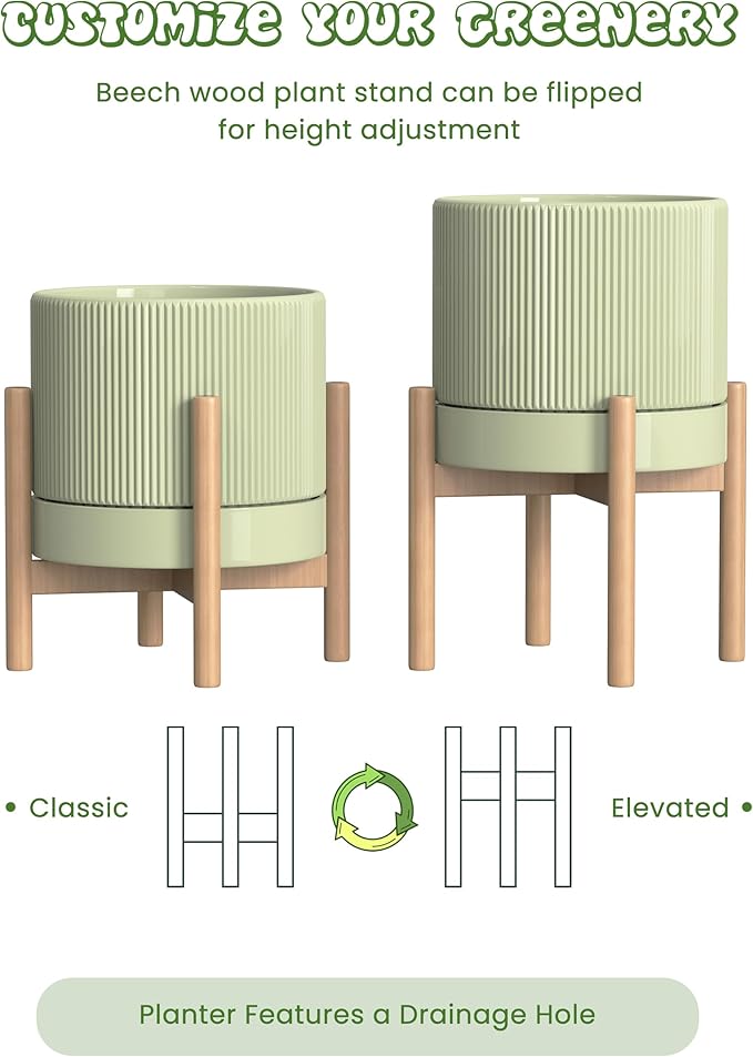 Ceramic Planter Pots Indoor with Drainage Hole & Saucer,Including Stand,7.3 Inch Mid-Century Modern Cylinder Plant Pot for Snake Flower Leaf Green