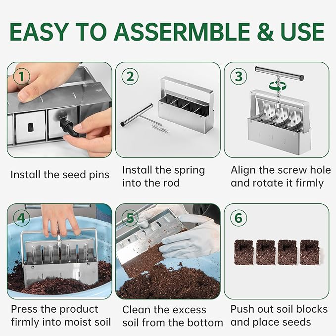 Soil Blocker, 2 Inch Soil Block Maker with 3 Sizes Seed Pins & Comfortable Handle 4 Cell Handlheld Soil Blocking Tool for Seed Starting, Grow Seedling, Outdoor Plants, Greenhouses, Garden