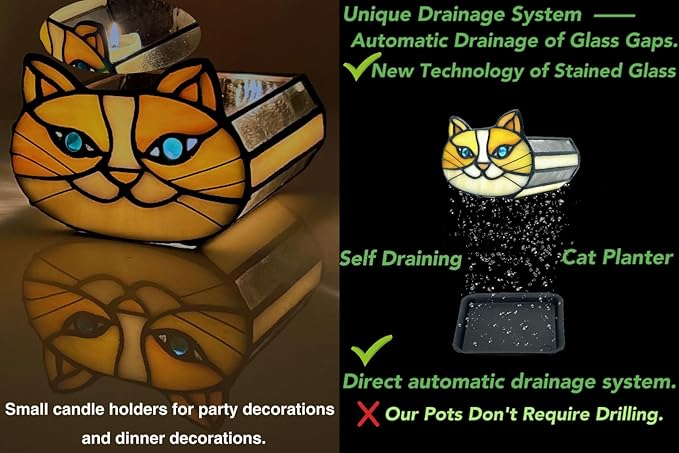 Stained Glass Yellow Cat Flower Pot,Small Succulent Planter for Indoor Plants,Cat Plant Decoration for Windowsill 4.33x3.54x2.95 in(Excluding Plants)