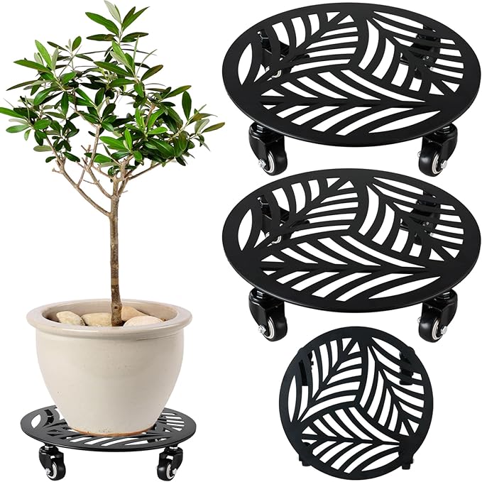 2 Packs Metal Plant Caddy with Wheels 13” Heavy-duty Wrought Iron Rolling Plant Stands with Casters Indoor and Outdoor Plant Pot Roller Base Plant Saucer Movers Black, Strong Load Capacity