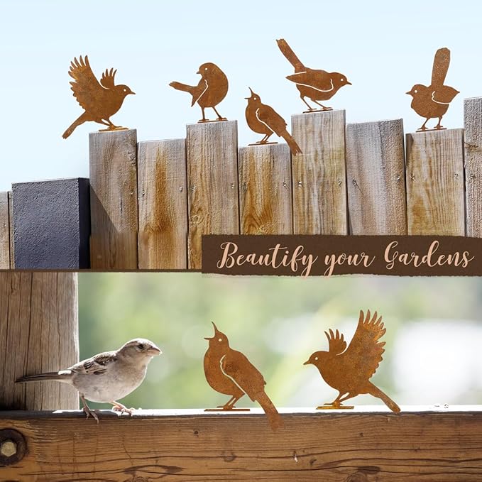 5PCS Rusty Birds Decoration, Metal Birds Yard Decor, Metal Birds Craft Statue Ornaments - Garden Sculptures and Yard Art, Fence Decorations Outdoor