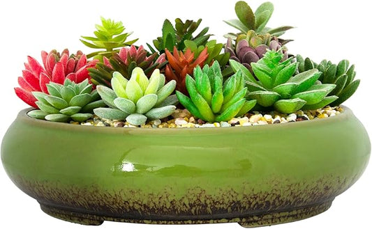 Succulent Pots - 11.5 Inch Ceramic Bonsai Pots with Drainage, Large Shallow Succulent Planters for Indoor Outdoor Plants, Round Glazed Cactus Flower Plant Container Bowl Home Desk Decor(Green)