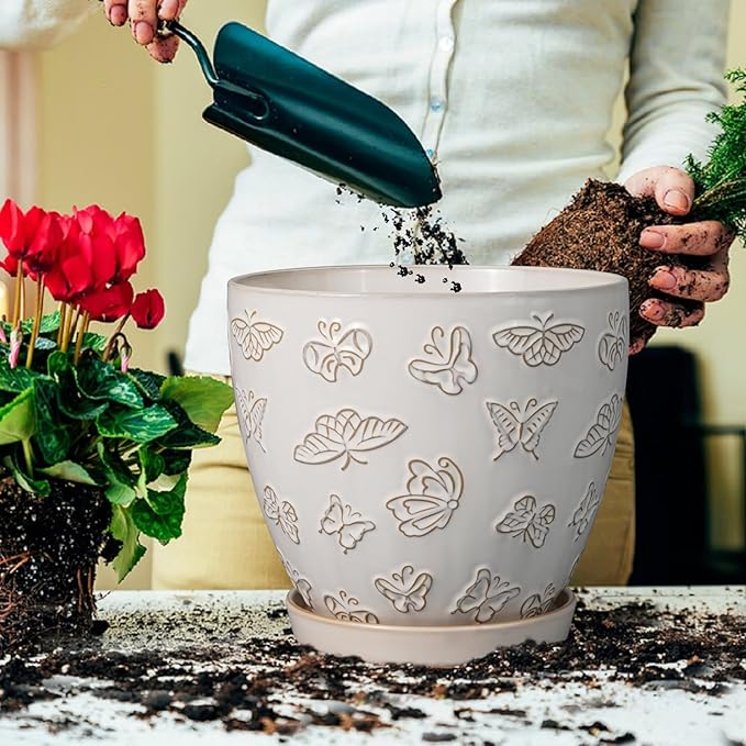 Ceramic Planter Pot 10 Inch- Large Plant Pot with Drainage Hole and Saucer Modern Round Flower Pot for Indoor Outdoor Plants White