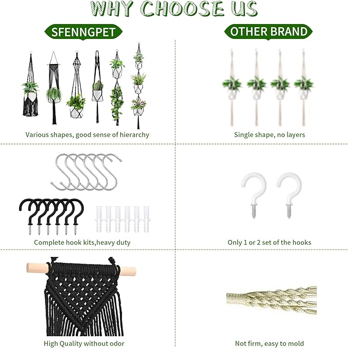 Macrame Plant Hangers, 6Pack Hanging Planters for Indoor Plants w/ 6 Set Hangers Kit Handmade Macromay Plant Hangers Indoor Flower Pots Holder Stand for Boho Home Décor (POTS NOT Included)