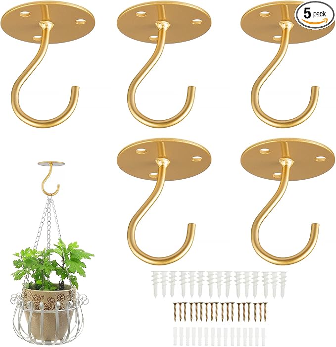 Ceiling Hooks for Hanging Plants- Metal Heavy Duty Wall Mounted Hangers for Hanging Bird Feeders, Planters, Wind Chimes, Include Professional Drywall Anchors (5 Pack) (Bright Gold)