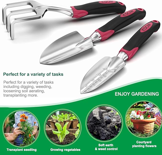 ESOW Garden Tool Set with Non-Slip Rubber Handle, 3 Piece Cast-Aluminum Heavy Duty Gardening Kit Includes Hand Trowel, Transplant Trowel and Cultivator Hand Rake, Red