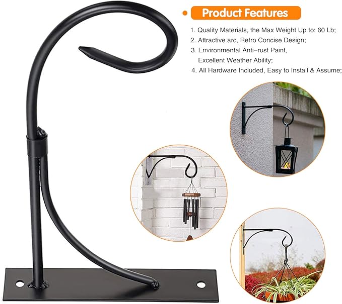 Iron Hanging Basket Brackets, 2 Pcs 11 Inch Durable Weather-Resistant Outdoor Plant Hooks for Hanging Plant Lantern Windchime Birdhouse Metal Sign Fruit Bracket, Screw Included