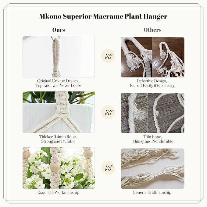 Mkono 3 Pack Macrame Plant Hangers Indoor Different Size Hanging Planter Basket Flower Pot Holder with Beads No Tasselss 43"/35"/29", Large, Ivory