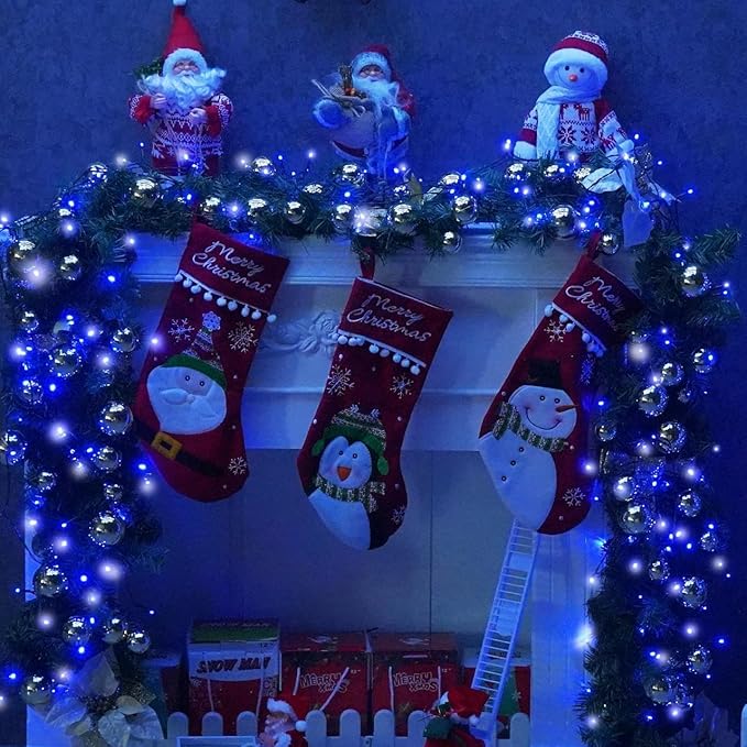 QITONG 4 Pack Blue and White Solar Fairy Lights, Each 33ft 100 LED String Light, 8 Modes Silver Wire Solar Twinkle Lighting for Tree Garden Yard Christmas