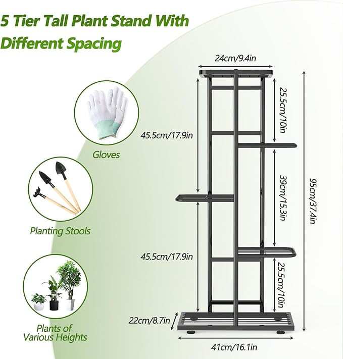 5 Tier 6 Potted Plant Stand Indoor with Gardening Tools and Gloves, Upgraded Corner Tall Metal Plant Shelf Organizer Outdoor, Multiple Flower Pot Holder Display Rack (5 -Tier Black)