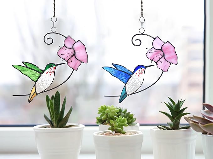 Lolitarcrafts Hummingbird with Flower Stained Glass Suncatcher Bird Stained Glass Window Hangings Hummingbird Gift for Home Decor (Blue with Flower)