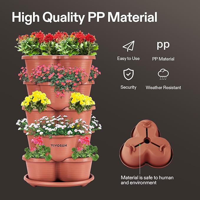 VIVOSUN 5 Tier Vertical Gardening Stackable Planter for Strawberries, Flowers, Herbs, Vegetables, Brown