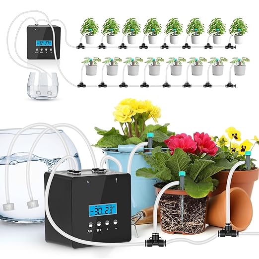 Indoor Plant Watering Device, Automatic Drip Irrigation Kit,Self Watering System for 20 Potted Plants, Built-in 2 self-Priming Pumps, 30 Days programmable Timer