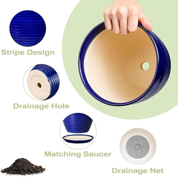 Ceramic Planter Pot - 12 Inch Pot for Plants Large Indoor Plant Pot with Drainage Hole and Saucer Fluted Round Planter for Outdoor Plants Flower Pot for Home Garden Blue