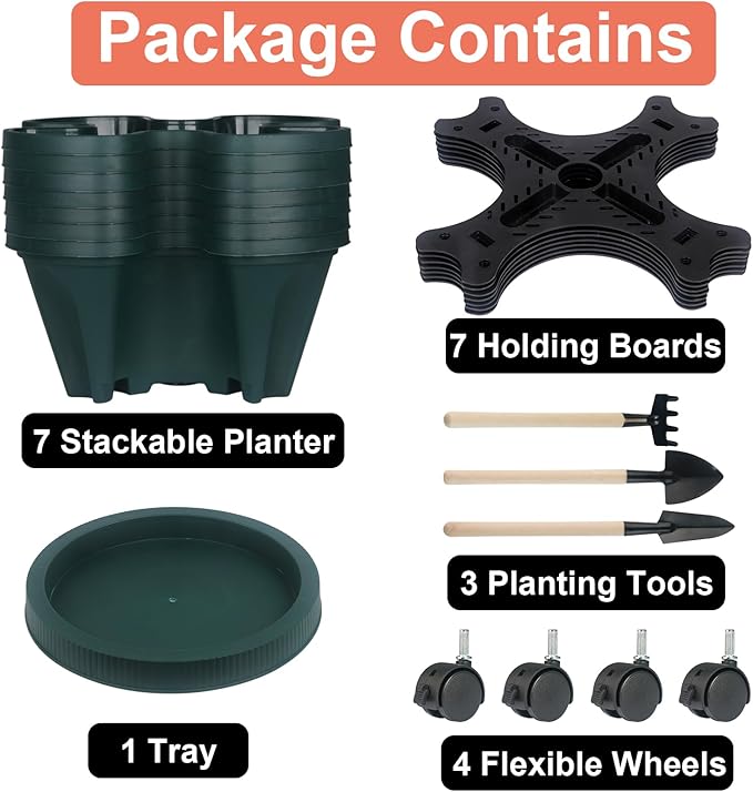Vertical Planter 7 Tier Stackable Planters Garden Planters Strawberry Herb Flower and Vegetable Planter Indoor Outdoor Gardening Pots with Removable Wheels and Tools