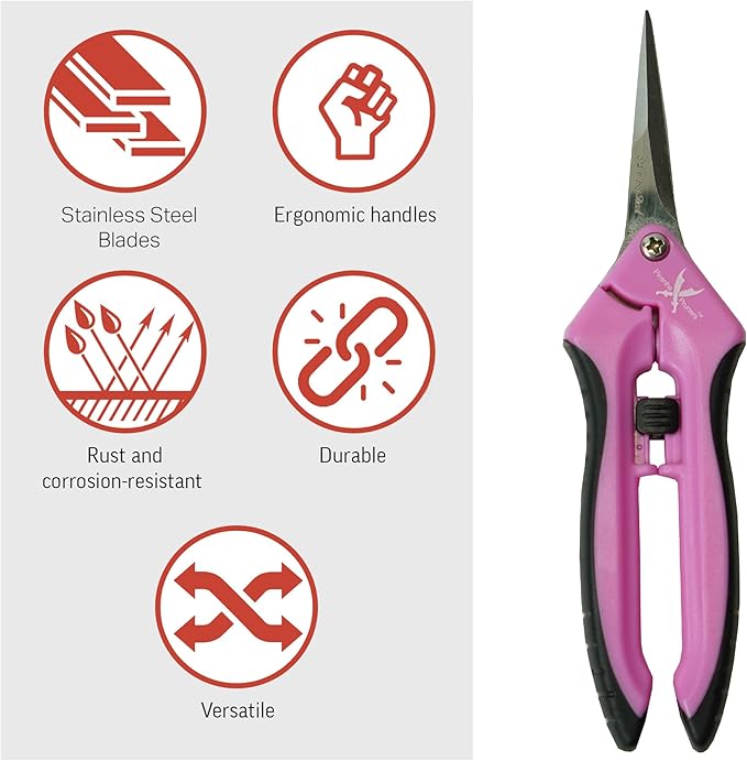Piranha Pruner Trimming Scissors Garden Shears, Plant Trimmers, Gardening Hand Tools, Straight Stainless Steel Blade, Pink Handle