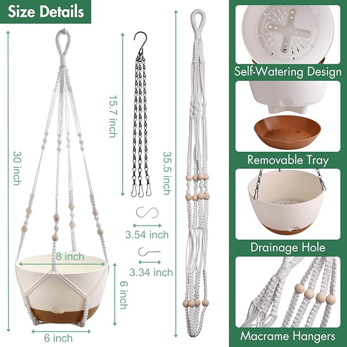 Set of 2-8 Inch Hanging Planters for Indoor Plants with Self-Watering Includes Hanging Pots for Plants, Outdoor Hanging Plant Pot with Drainage, and 2 Types of Hanging Baskets Hangers (White)