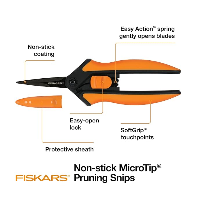 Fiskars Pruning Snips - 6" Garden Shears with Comfort Grip and Spring Action - Sharp and Precise Non-Stick Steel Blades - Quality Pruning Shears for Plants in Grow Tents and Hydroponics - 2 Pack