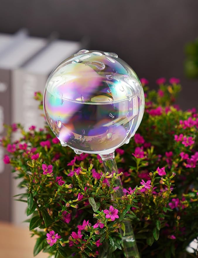 Tomorotec Iridescent Glass Self Watering Globes 6-Pack (3 Large+3 Small), Decorative Hand-Blown Rainbow Glass Watering Bulbs, Automatic Irrigation for Indoor & Outdoor Plants, Easy to Use and Maintain