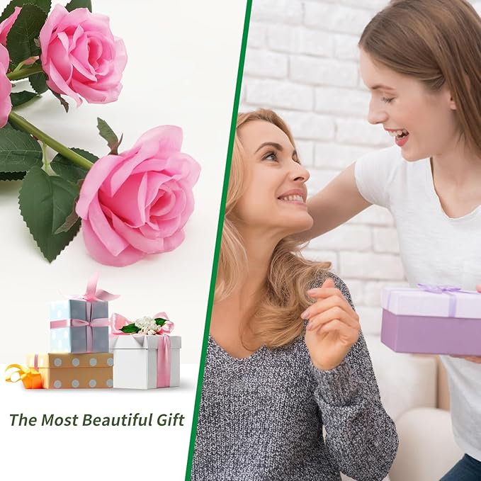 Solar Garden Lights - Realistic 10 Rose Waterproof Solar Powered Flowers for Outside Patio Yard Pathway Decorations, 2 Pack Pink