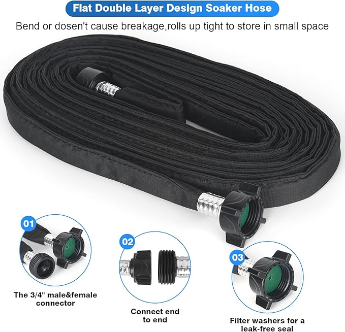 Flat Soaker Hose 20FT,Drip Hose for Garden Beds Linkable Irrigation System Lightweight and Easy Watering for Tree Plant and Save 80% Water for You (20FT)