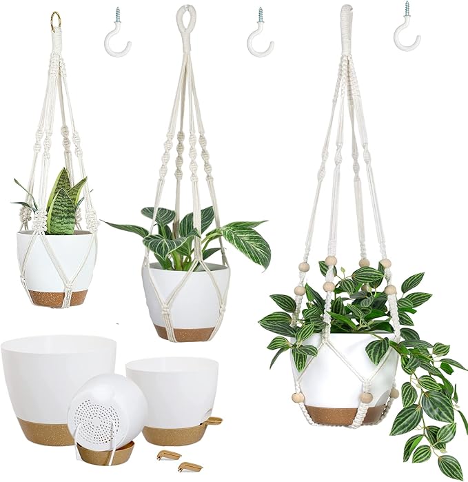 Hanging Planters with Macrame Plant Hangers for Indoor Outdoor Plants 3 Set Self Watering Pots Hanging Baskets Flower Pot Holders 3 Different Size