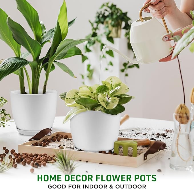 Eco Friendly Plant Pot Set - 10-Pack Home Decor Flower Indoor and Outdoor Plastic Pots with Drainage Holes, Assorted Sizes (7", 6.6", 6", 5.3", 4.8") - Stackable Garden Versatile Planters