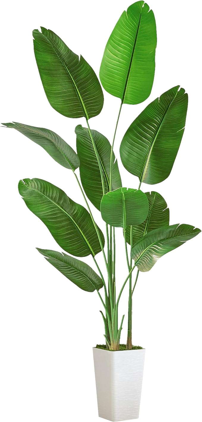 Lifelike Bird of Paradise Silk Artificial Plant Faux Banana Leaf Tree for Home Decor - Perfect Indoor Floor Plant with 9 Trunks (1, White Tall Planter, 6 FT)