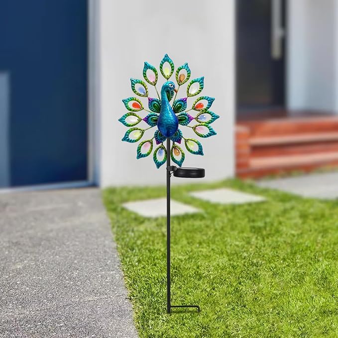 Outdoor Wind Spinner, Solar Garden Lights Metal Peacock Garden Decor,Solar Stake Lights Decorative for Patio Pathway Yard Decoration Mothers Day Ideal Gifts(Peacock Opens its Tail)