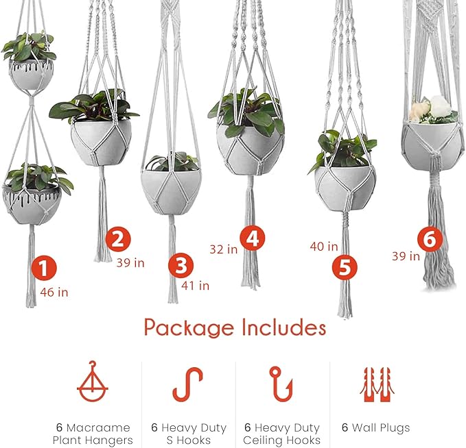 Plant Hanger Indoor, Macrame Plant Hangers Indoor Macrame Hanging Planters for Indoor Plants - 6 Pack Hanging Plant Holders Indoor Hanging, Macromay Plant Hangers for Indoor Plant Hanger,Gray