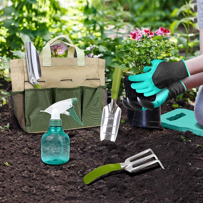 Garden Tools Set with 3 Pcs Aluminum Gardening Tools, 1 Pc Pruning Shear, 1 Pc Mister Spray Bottle, 1 Pc Foam Kneeler,1 Pair Garden Gloves with Claws and 1 Pc Gardener Bag, Gifts for Mom Dad