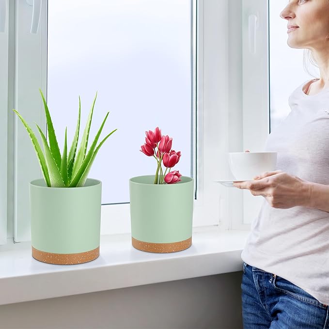 Plant Pots – 7/6.5/6/5/4 Inch Plastic Planters with Drainage Holes and Saucers, Flower Pots for Indoor and Outdoor Plants (Green)